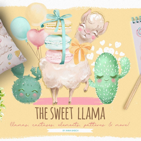 The Sweet Llama - lama, alpaga, mignon, bonbons, macaron, gâteau, anniversaire, ballons, scrapbooking, fleurs, aquarelle, succulent, cactus