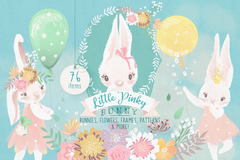 Little Pinky Bunny Digital Clipart bunny, cute, easter, clipart, balloons, flowers, baby, animal, ballerina, girl image 1
