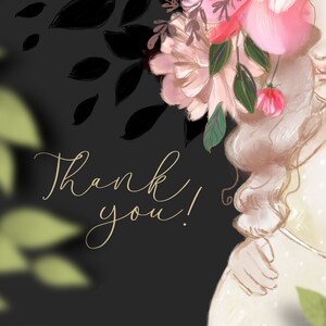 Puede incluir: Una ilustraci&oacute;n digital de una mujer embarazada con cabello largo y rubio, vistiendo un vestido blanco y una corona de flores. El fondo es negro con hojas verdes y el texto "&iexcl;Gracias!" en letras doradas.