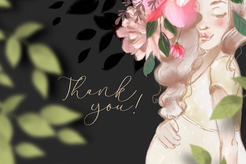 Puede incluir: Una ilustraci&oacute;n digital de una mujer embarazada con cabello largo y rubio, vistiendo un vestido blanco y una corona de flores. El fondo es negro con hojas verdes y el texto "&iexcl;Gracias!" en letras doradas.