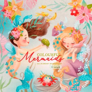 Bunte Mermaids - Meerjungfrau, Fee, Meer, Tier, Unterwasser, Clipart, Blumen, Blumen, Wal, Muster, Vintage, niedlich, Mädchen