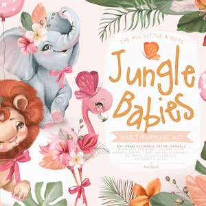 Kit polyvalent bébés de la jungle - animaux de la jungle, clipart safari, mignon, scrapbooking, aquarelle, animaux de zoo, été, fête, garçon, fille, bébé