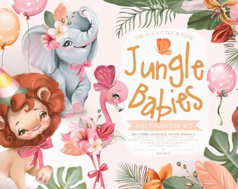 Jungle Babies Multipurpose Kit - jungle animals, safari clipart, cute, scrapbooking, watercolor, zoo animals, summer, party, boy, girl, baby