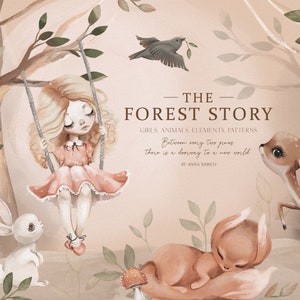 L'histoire de la forêt - animaux des bois, clipart, aquarelle, fille, mignon, renard, cerf, lapin, chambre d'enfant, décoration, forêt, scrapbooking, bébé