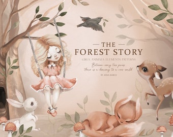 The Forest Story - animali del bosco, clipart, acquerello, ragazza, carino, volpe, cervo, coniglio, asilo nido, decorazione, foresta, scrapbooking, bambino