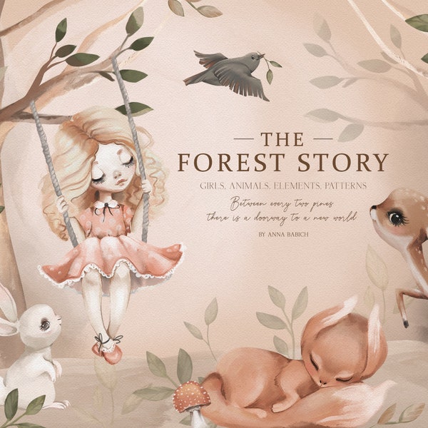 The Forest Story - woodland animals, clipart, watercolor, girl, cute, fox, deer, bunny, nursery, decoration, forest, scrapbooking, baby