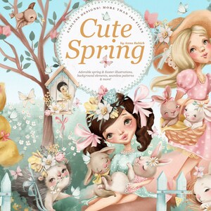 Joli printemps - Pâques, animaux, mignon, aquarelle, fille, printemps, clipart numérique, scrapbooking, lapin, caneton, sumblimation, bois, ferme