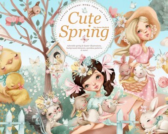 以下が含まれることがあります： Cute Springは、ウサギ、ヒヨコ、ハリネズミ、女の子のイラストが描かれた、夢のような春の風景をテーマにしたデジタルクリップアートコレクションです。イラストは水彩画風で、パステルカラーが特徴です。