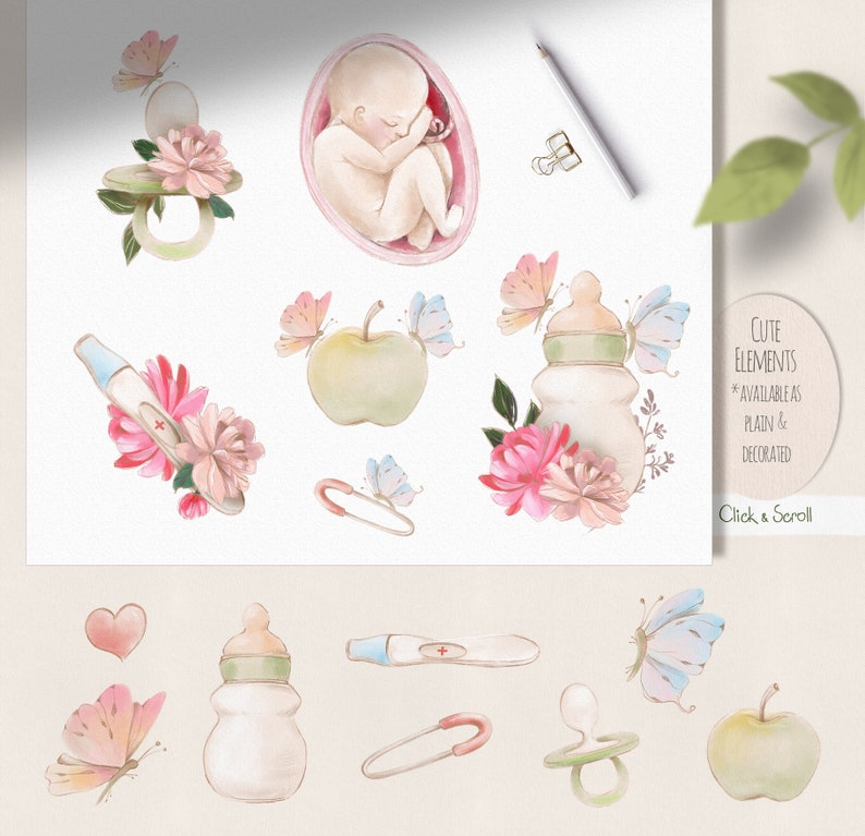 Puede incluir: Ilustraciones de acuarela de art&iacute;culos para beb&eacute;s, que incluyen un beb&eacute; en el &uacute;tero, un chupete, un biber&oacute;n, una prueba de embarazo, una manzana y mariposas. Las ilustraciones est&aacute;n en tonos de rosa, azul y verde.