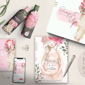 Puede incluir: Un conjunto de dise&ntilde;os imprimibles para un baby shower. Los dise&ntilde;os presentan a una mujer embarazada con flores en el pelo y el texto "Mommy to be" y "Baby Shower de Kelly".
