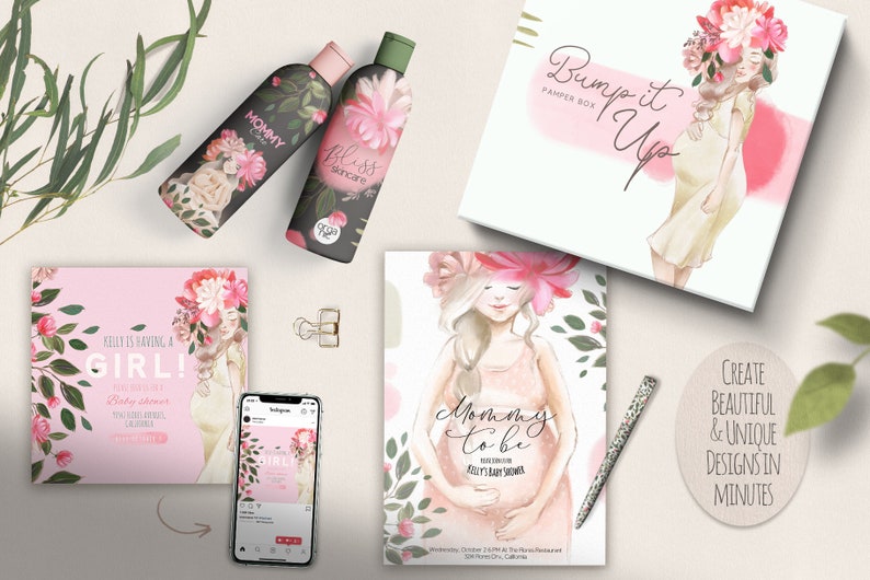 Puede incluir: Un conjunto de dise&ntilde;os imprimibles para un baby shower. Los dise&ntilde;os presentan a una mujer embarazada con flores en el pelo y el texto "Mommy to be" y "Baby Shower de Kelly".