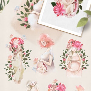 Puede incluir: Un conjunto de ilustraciones de acuarela que representan mujeres embarazadas con flores y mariposas. Las ilustraciones est&aacute;n en una paleta de colores rosa y verde suave. El texto "Pre-Made Compositions" y "Click & Scroll" es visible en la esquina superior izquierda de la imagen.