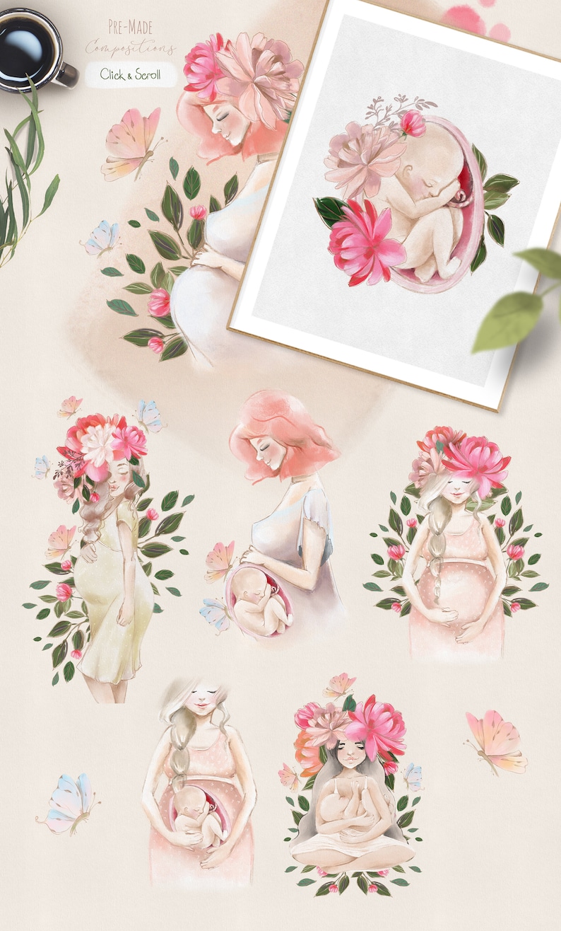 Puede incluir: Un conjunto de ilustraciones de acuarela que representan mujeres embarazadas con flores y mariposas. Las ilustraciones est&aacute;n en una paleta de colores rosa y verde suave. El texto "Pre-Made Compositions" y "Click & Scroll" es visible en la esquina superior izquierda de la imagen.