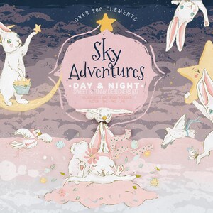 Sky Adventures - Bunny digitale clipart - konijntje, schattig, pasen, clipart, baby, dier, ster, slaapliedje, maan, ster, baby, scrapbooking,