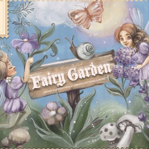 Puede incluir: Una ilustración caprichosa de un jardín de hadas con dos hadas, un caracol, una mariposa, setas y flores. El cartel dice "Fairy Garden by Anna Babick. Ilustraciones únicas, elementos, patrones y más!"