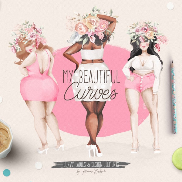 Mes belles courbes - curvy, dame, femmes, clipart, taille plus, corps positif, féminin, fille, aquarelle, planificateur, afro-américain