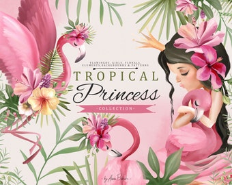 Tropical Princess - flamingo, tropic, exotic, girl, cute, pink, princess, flowers, watercolor, scrapbooking, crown, queen, summer, romantic