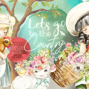 Let's Go To The Country - campagne, fille, ferme, animaux, cow-girl, clipart, aquarelle, mignon, vintage, mignon, cochon, chiot, mouton, vache, floral