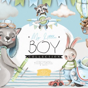 My Little Boy-collectie - bos, dieren, jongens, voertuig, konijn, hert, vos, beer, schattig, scrapbooking, aquarel, kinderen, clipart
