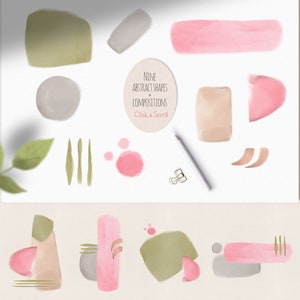 Puede incluir: Nueve formas y composiciones abstractas en acuarela rosa, verde y gris. El texto "NINE ABSTRACT SHAPES + COMPOSITIONS Click & Scroll" est&aacute; en el centro de la imagen.