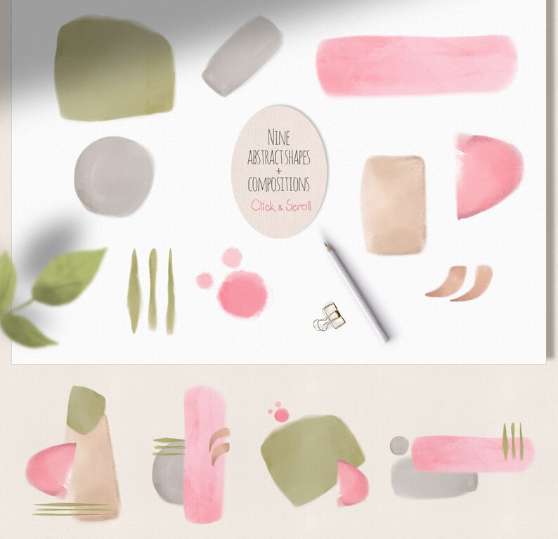 Puede incluir: Nueve formas y composiciones abstractas en acuarela rosa, verde y gris. El texto "NINE ABSTRACT SHAPES + COMPOSITIONS Click & Scroll" est&aacute; en el centro de la imagen.