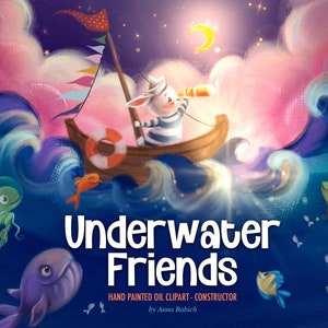 Underwater Friends - marine, schattig, dier, konijn, zee, avonturen, aquarel, scrapbooking, matroos, jongen, water, verjaardag