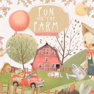 Amusement à la ferme - animaux de la ferme, aquarelle, clipart, pays, mignon, scrapbooking, cochon, âne, vache, lapin, cheval, fille, bébé