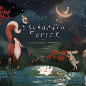 Forêt enchantée - forêt, animal, mignon, clipart, scrapbooking, cerf, lapin, renard, livre pour enfants, enchanté, mystique, forêt