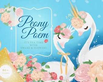Peony Poem: Tea Time with Swans & Flowers Digital Clipart - swan, tea, cup, wedding, peony, cute, animal, vintage, flowers, romantic