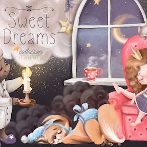 Dulces sueños: buenas noches, acuarela, lindo, clipart, animal del bosque, princesa, niña, conejito, zorro, álbum de recortes, portada de libro, arte infantil