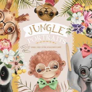 Portraits de la jungle - animaux de la jungle, clipart safari, mignon, scrapbooking, aquarelle, anniversaire, animaux de zoo, été, fête, garçon, fille, bébé