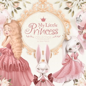 Mi pequeña princesa: princesa, bosque, animal, niña, conejito, ciervo, zorro, lindo, acuarela, clipart, cenicienta, hada, reina, cumpleaños