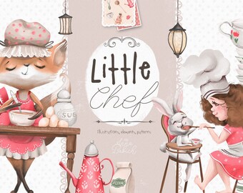 Little Chef - panetteria, animali, carino, cucina, cuoco, chef, volpe, coniglio, acquerello, clipart, cucina, bosco, torta