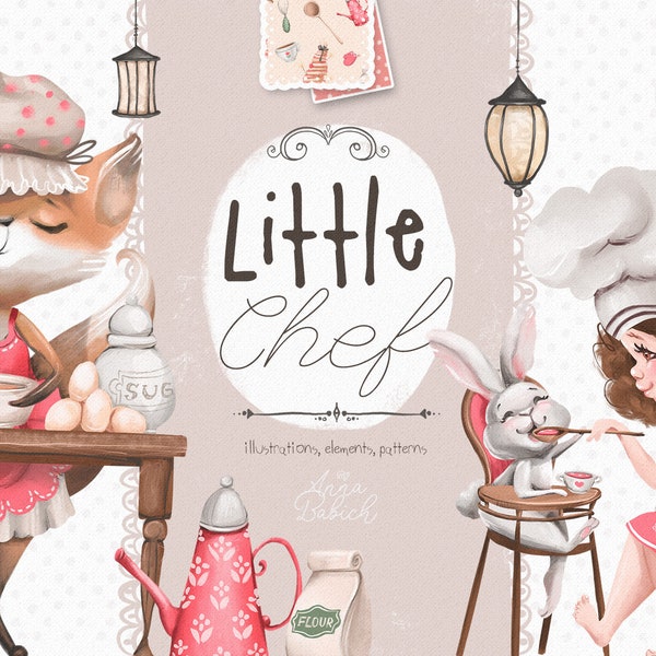 Little Chef - bakery, animals, cute, cooking, cook, chef, fox, bunny, watercolor, clipart, kitchen, woodland, cake