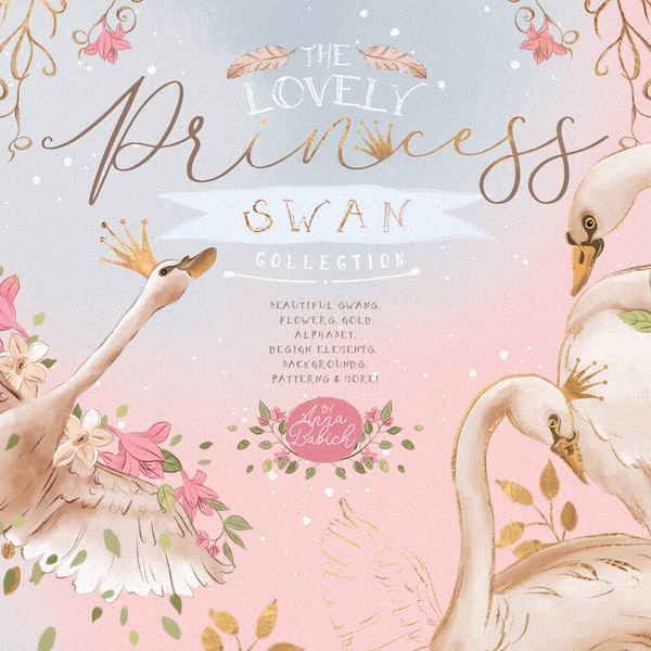 La collection Princess Swan - cygne, princesse, bébé, or, paillettes, fille, mignon, vintage, animal, fleurs, aquarelle, clipart, mariage