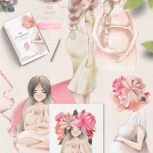 Puede incluir: Ilustraciones de acuarela de mujeres embarazadas con flores. Las ilustraciones est&aacute;n en una paleta de colores suaves y pastel. Las mujeres se representan en varias poses, incluyendo sosteniendo sus vientres, sentadas con las piernas cruzadas y sosteniendo un beb&eacute;. Las ilustraciones son perfectas para usar en anuncios de embarazo, invitaciones a baby showers u otros proyectos relacionados con el embarazo.
