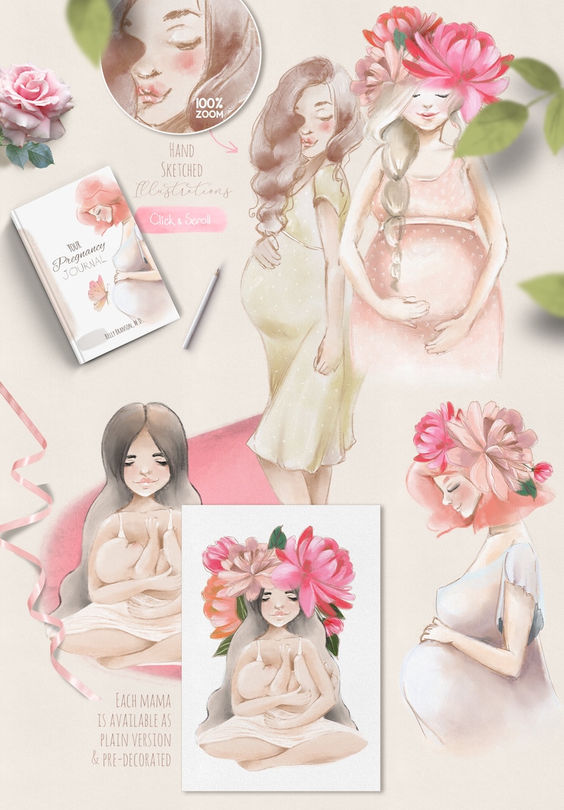 Puede incluir: Ilustraciones de acuarela de mujeres embarazadas con flores. Las ilustraciones est&aacute;n en una paleta de colores suaves y pastel. Las mujeres se representan en varias poses, incluyendo sosteniendo sus vientres, sentadas con las piernas cruzadas y sosteniendo un beb&eacute;. Las ilustraciones son perfectas para usar en anuncios de embarazo, invitaciones a baby showers u otros proyectos relacionados con el embarazo.