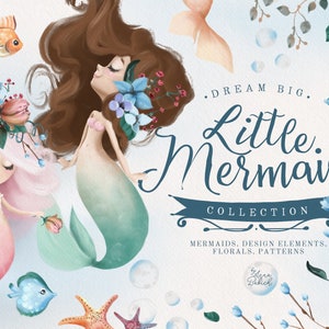 Little Mermaid - mermaid, cute, girl, fairy, fairytale, whimsical, princess, watercolor, vintage, clipart, scrapbooking, floral, fantasy