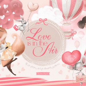 Love Is In The Air - bunny, fox, love, romantic, clipart, valentines day, girl, boy, couple, watercolor, woodland, animal, scrapbooking