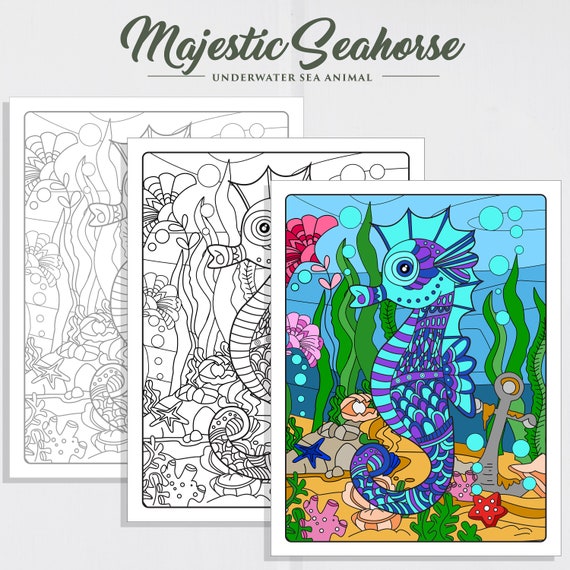 Download Majestic Seahorse Coloring Page Adult Coloring Page Coloring Etsy