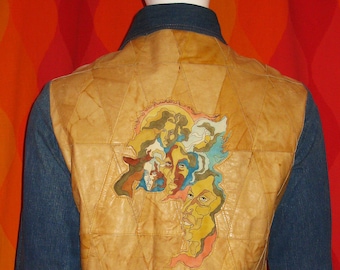 1970's Men's Antonio Guiseppe Denim & Leather Shirt Jacket, Hand Painted Hippies, Denim Levi's Pcs. Pop Art, Psychedelic, Mod Groovy Hippie