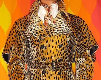 Rare 1960s Mens Leopard Faux Fur Men&#39;s Double Breasted Trench Coat, Mod, Groovy, Beatnik, Hippie, Psychedelic, POP, Granny Takes a Trip era,