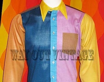 1960&#39;s Men&#39;s Rags by Arrow, Color Block Long Sleeve Shirt Groovy Psychedelic Beatnik Mod Carnaby Street Dandy, Hippie, Beatles The Fools Era