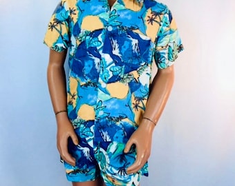 1960's Men's Islands Creations Bark Cloth Cabana Set Swimwear Suit, Hawaii, Trunks, Aloha Shirt Shorts Surfer Tiki Hawaiian Groovy Mod Pop