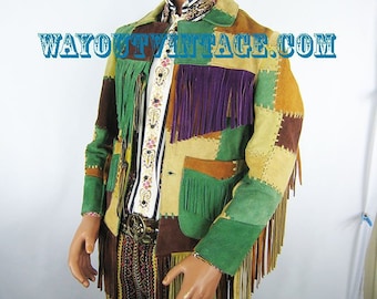 1960&#39;s Men&#39;s Multi Color Patch Whip Stitched Fringe Suede Jacket Coat, Psychedelic, Groovy, Beatnik, Mod Dandy, Rock, Carnaby Street, Hippie