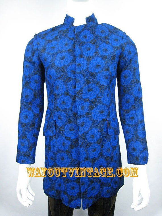 1960's Electric Blue Rose Pattern Men's Nehru, Mod