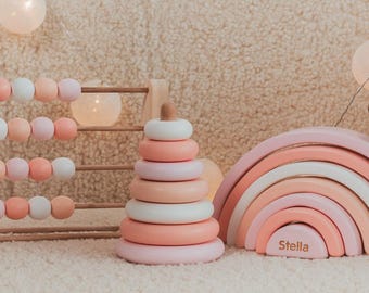 Baby Mädchen Kinderzimmer Dekor - Pastell Rosa Regenbogen - Holz Regenbogen Spielzeug - Boho Regenbogen Dekor - Montessori Spielzeug - Holzring Stapelhalter