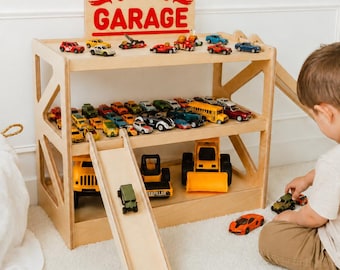 Personalized Wooden Garage for Toy Cars, Kids Nursery Furniture, Gift for Grandson, Toy Storage Shelf