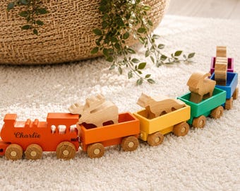 Personalized Wooden Toy Train Set, Animal Birthday Gift for 2 Year Old