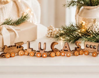 Personalized Wooden Train with Custom Letters, Dark Wood Toddler Toy, 3rd Birthday Gift